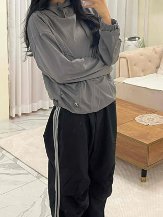 Side String Shirred Button Half-Neck Hoodie