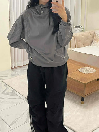 Side String Shirred Button Half-Neck Hoodie