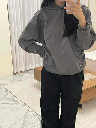 Side String Shirred Button Half-Neck Hoodie