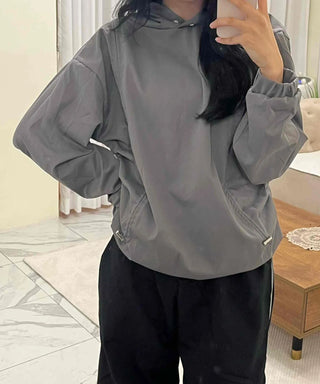 Side String Shirred Button Half-Neck Hoodie