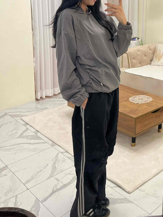 Side String Shirred Button Half-Neck Hoodie