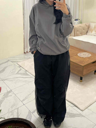 Side String Shirred Button Half-Neck Hoodie