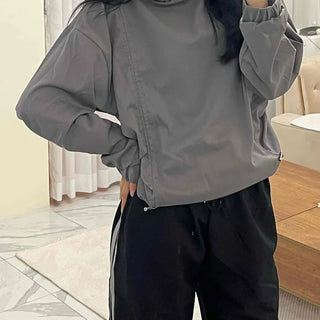 Side String Shirred Button Half-Neck Hoodie