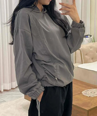 Side String Shirred Button Half-Neck Hoodie