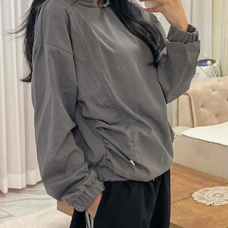 Side String Shirred Button Half-Neck Hoodie
