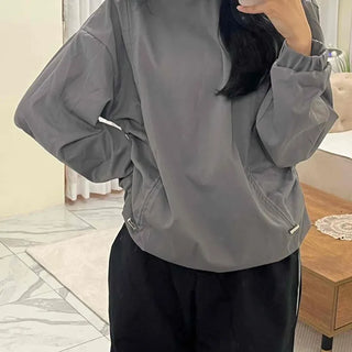 Side String Shirred Button Half-Neck Hoodie