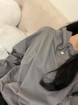 Side String Shirred Button Half-Neck Hoodie