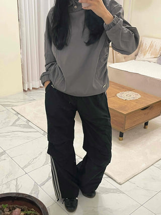 Side String Shirred Button Half-Neck Hoodie