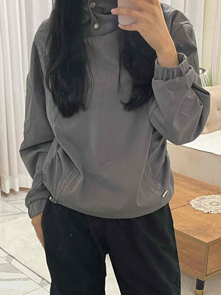 Side String Shirred Button Half-Neck Hoodie