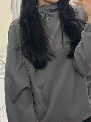 Side String Shirred Button Half-Neck Hoodie