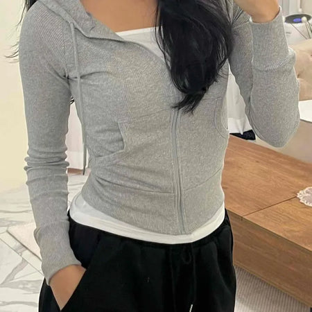 Slim Fit Ribbed Crop Zip-Up Hoodie