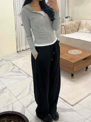 Slim Fit Ribbed Crop Zip-Up Hoodie