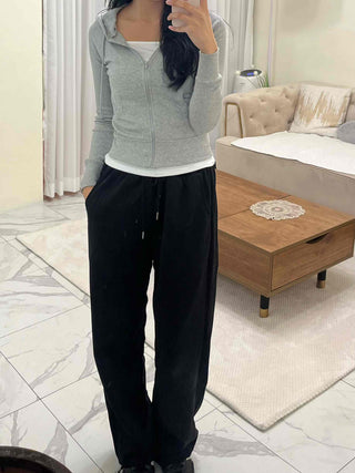 Slim Fit Ribbed Crop Zip-Up Hoodie
