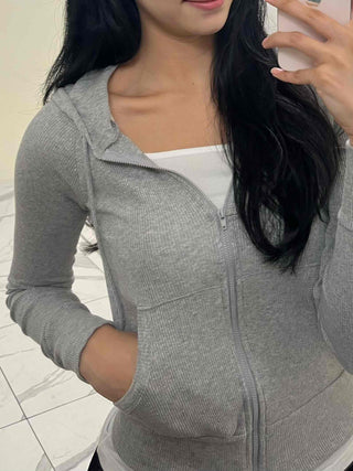Slim Fit Ribbed Crop Zip-Up Hoodie