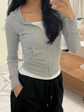 Slim Fit Ribbed Crop Zip-Up Hoodie