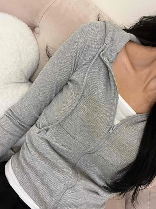 Slim Fit Ribbed Crop Zip-Up Hoodie