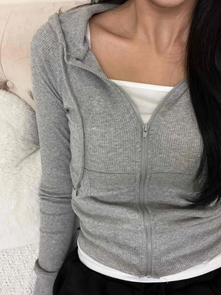 Slim Fit Ribbed Crop Zip-Up Hoodie