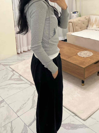 Slim Fit Ribbed Crop Zip-Up Hoodie