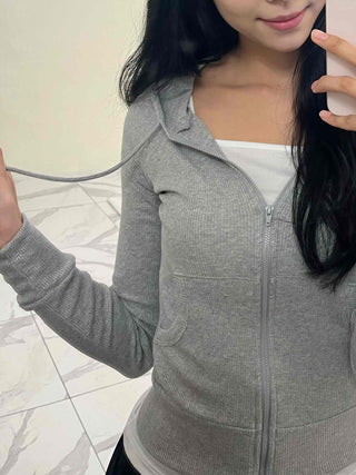 Slim Fit Ribbed Crop Zip-Up Hoodie