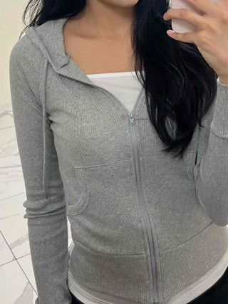 Slim Fit Ribbed Crop Zip-Up Hoodie