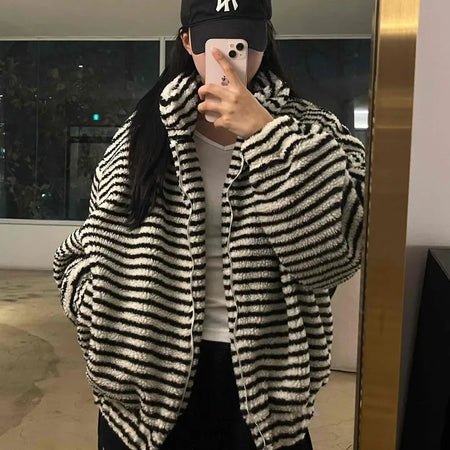 Striped Loose Fit Hooded Fleece Zip-Up