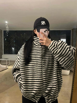 Striped Loose Fit Hooded Fleece Zip-Up