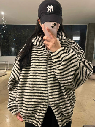 Striped Loose Fit Hooded Fleece Zip-Up