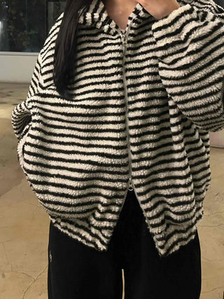 Striped Loose Fit Hooded Fleece Zip-Up