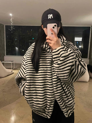 Striped Loose Fit Hooded Fleece Zip-Up