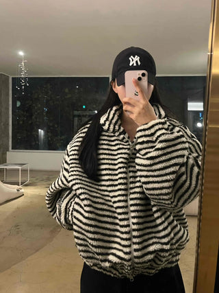 Striped Loose Fit Hooded Fleece Zip-Up