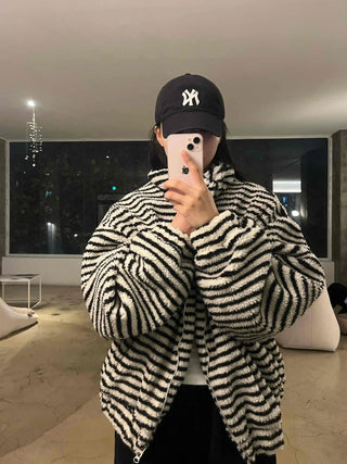 Striped Loose Fit Hooded Fleece Zip-Up