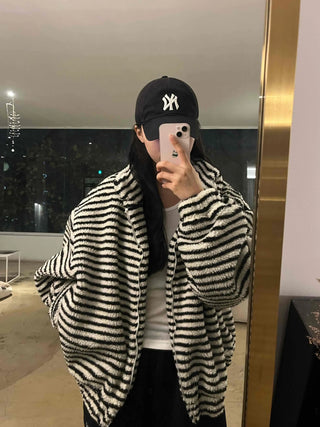 Striped Loose Fit Hooded Fleece Zip-Up