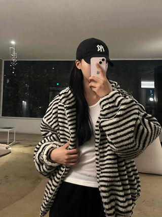 Striped Loose Fit Hooded Fleece Zip-Up