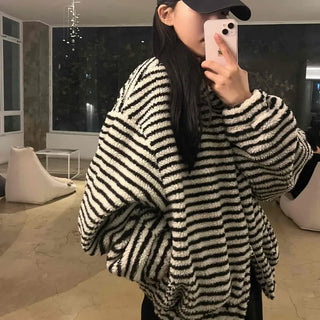 Striped Loose Fit Hooded Fleece Zip-Up
