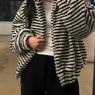 Striped Loose Fit Hooded Fleece Zip-Up