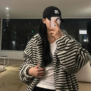Striped Loose Fit Hooded Fleece Zip-Up