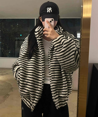 Striped Loose Fit Hooded Fleece Zip-Up