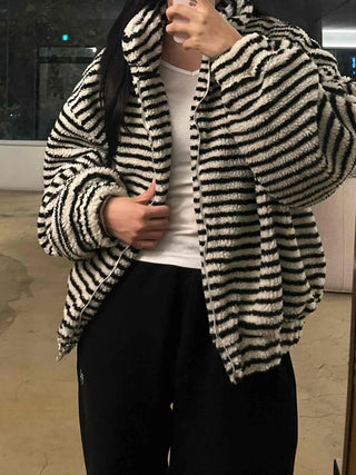 Striped Loose Fit Hooded Fleece Zip-Up