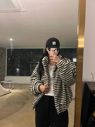 Striped Loose Fit Hooded Fleece Zip-Up