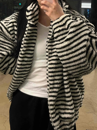 Striped Loose Fit Hooded Fleece Zip-Up