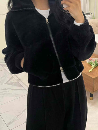 Sheepskin Mink High-Neck Two-Way Fleece Zip-Up