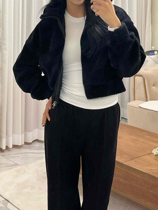 Sheepskin Mink High-Neck Two-Way Fleece Zip-Up