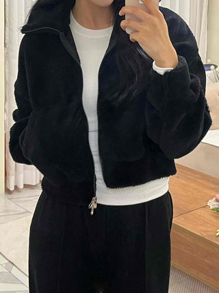 Sheepskin Mink High-Neck Two-Way Fleece Zip-Up