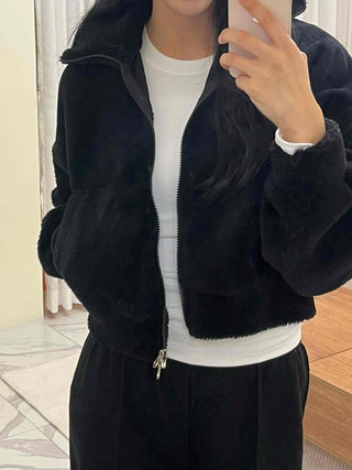 Sheepskin Mink High-Neck Two-Way Fleece Zip-Up