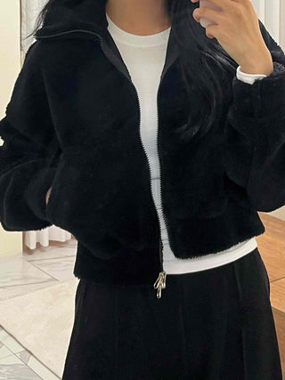 Sheepskin Mink High-Neck Two-Way Fleece Zip-Up