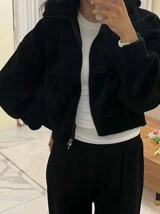 Sheepskin Mink High-Neck Two-Way Fleece Zip-Up