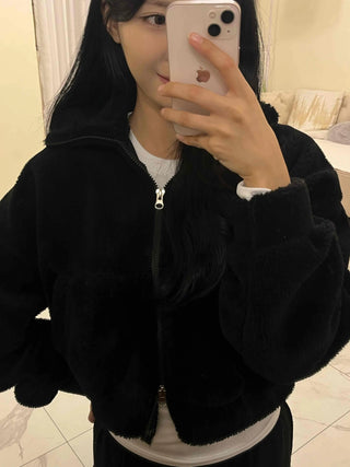 Sheepskin Mink High-Neck Two-Way Fleece Zip-Up