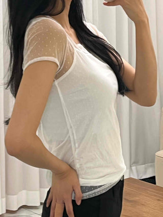 See-through Dot Mesh Layered Short Sleeve T-shirt