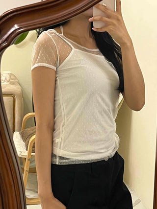 See-through Dot Mesh Layered Short Sleeve T-shirt