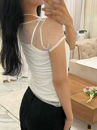 See-through Dot Mesh Layered Short Sleeve T-shirt